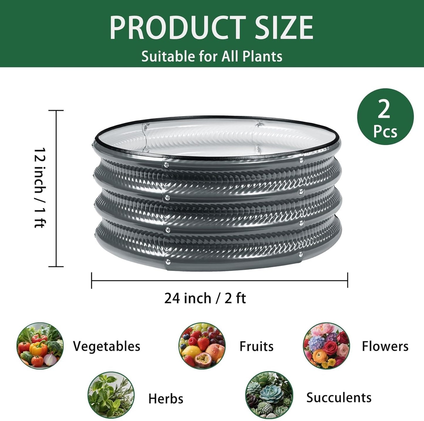 2 Pcs 2x2X1 ft Galvanized Raised Garden Bed with Embossed Leaf Vein Pattern, Light Green Metal Round Outdoor Planter Box for Vegetables, Fruits, Flowers & Herbs