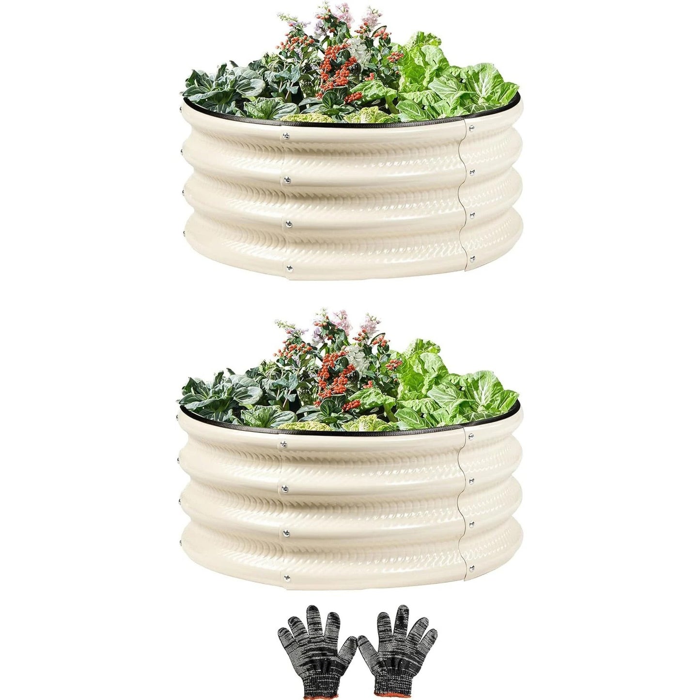 2 Pcs 2x2X1 ft Metal Galvanized Round Raised Garden Bed Kit Outdoor, Cream White Planter Garden Bed, Raised Box for Vegetables, Fruits, Flowers & Herbs