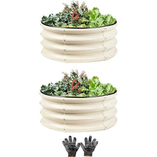 2 Pcs 2x2X1 ft Metal Galvanized Round Raised Garden Bed Kit Outdoor, Cream White Planter Garden Bed, Raised Box for Vegetables, Fruits, Flowers & Herbs