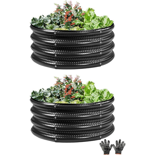 2 Pcs 2x2X1 FT Round Galvanized Raised Garden Bed Kit, Black Outdoor Planter Garden Bed, Metal Raised Box for Vegetables, Fruits, Flowers & Herbs