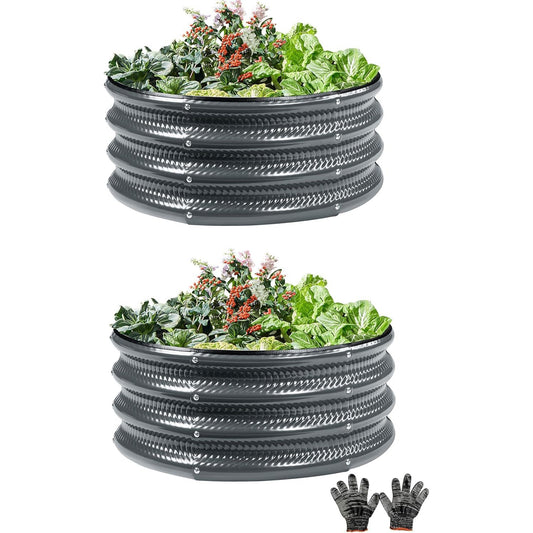2 Pcs 2x2X1 FT Round Galvanized Raised Garden Bed Kit, Gray Outdoor Planter Garden Bed, Metal Raised Box for Vegetables, Fruits, Flowers & Herbs