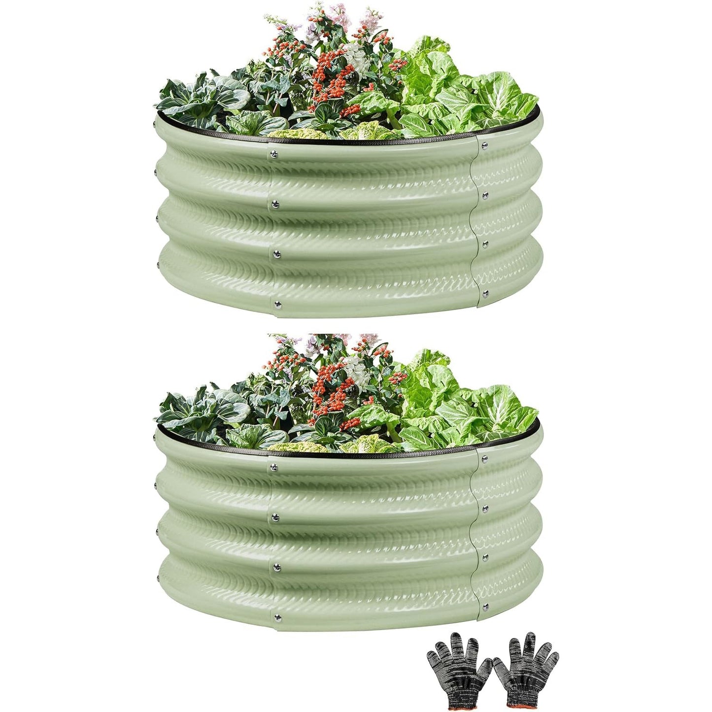 2 Pcs 2x2X1 ft Galvanized Raised Garden Bed with Embossed Leaf Vein Pattern, Light Green Metal Round Outdoor Planter Box for Vegetables, Fruits, Flowers & Herbs