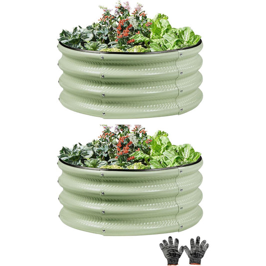 2 Pcs 2x2X1 ft Galvanized Raised Garden Bed with Embossed Leaf Vein Pattern, Light Green Metal Round Outdoor Planter Box for Vegetables, Fruits, Flowers & Herbs