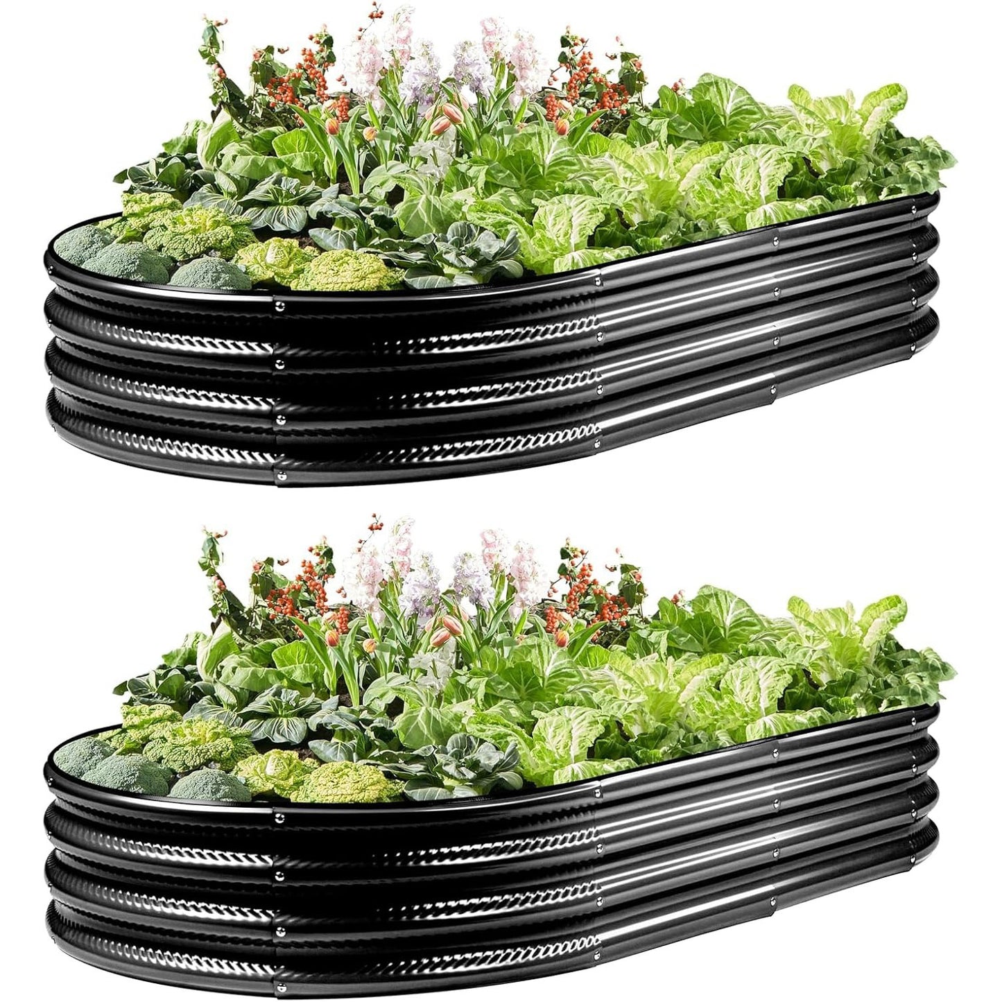 2 Pack Raised Garden Bed Kits, 4x2x1FT Black Oval Galvanized Outdoor Planter Beds, Easy Assembly Metal Raised Bed for Vegetables, Flowers & Herbs