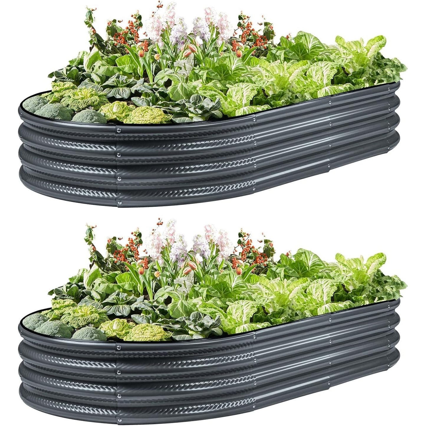 2 Pack Raised Garden Bed Kits, 4x2x1FT Gray Oval Galvanized Outdoor Planter Beds, Easy Assembly Metal Raised Bed for Vegetables, Flowers & Herbs