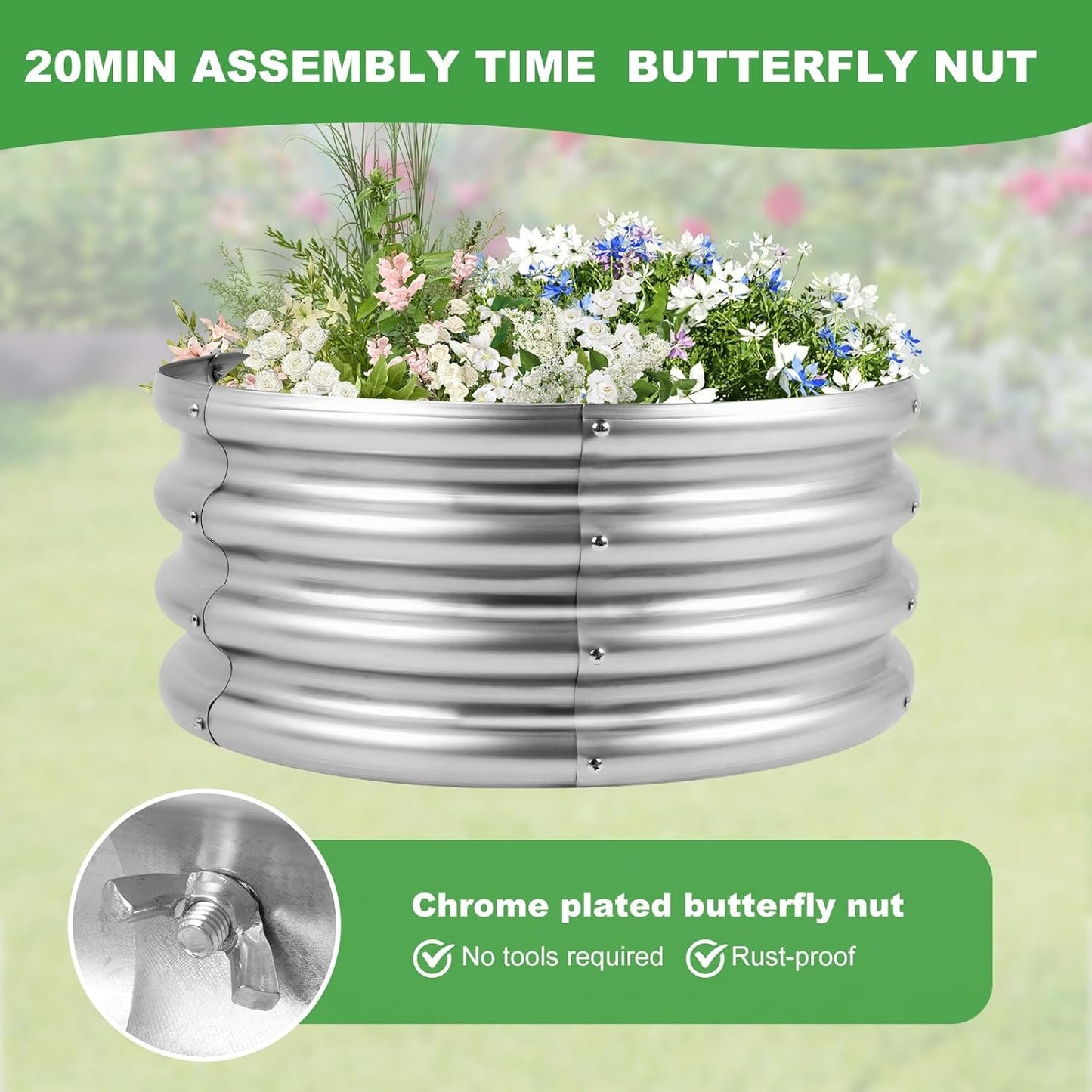 Round Raised Garden Bed 2FT, Galvanized Planter Raised Beds for Outdoor Vegetables, Flowers & Herbs, Heavy-Duty Metal Raised Garden Beds, Rust-Resistant & Easy Assembly (Silvery)