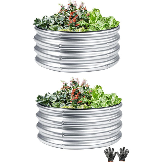 2 Pcs 2x2X1 FT Round Galvanized Raised Garden Bed Kit, Silver Outdoor Planter Garden Bed, Metal Raised Box for Vegetables, Fruits, Flowers & Herbs